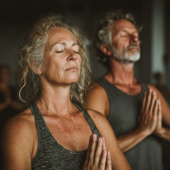 Літня жінка виконує йогу на природі