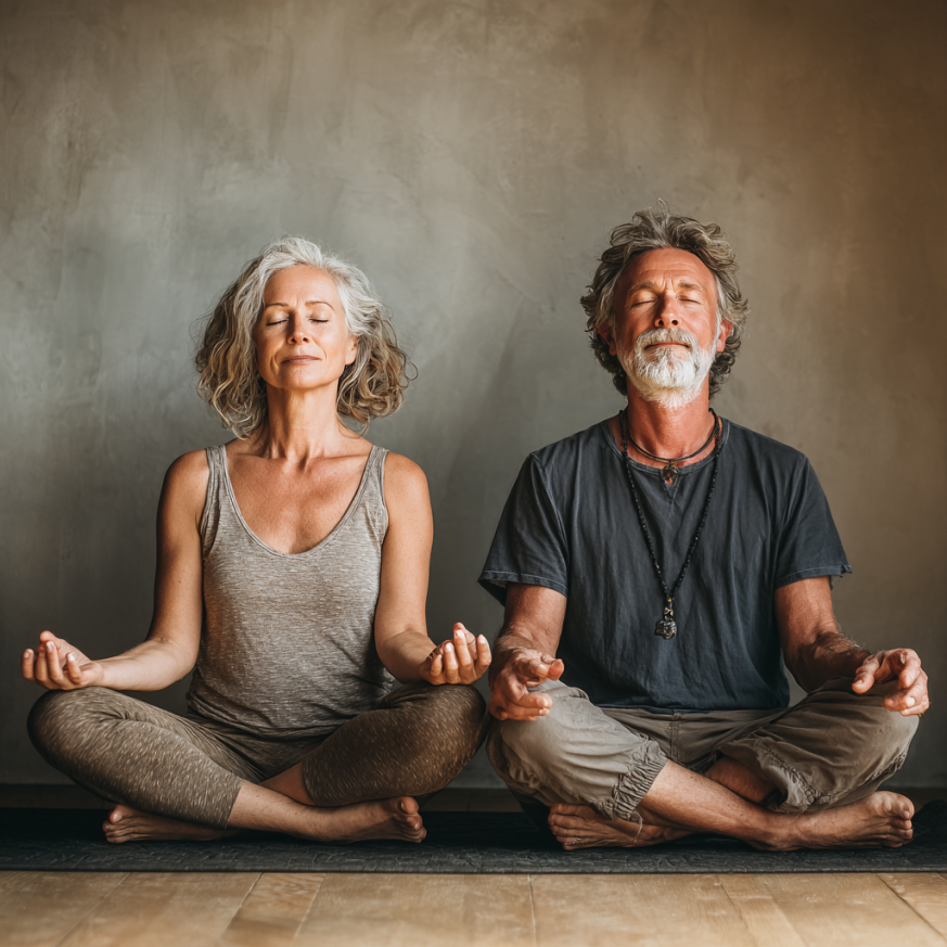 Група літніх людей практикує йогу з інструктором